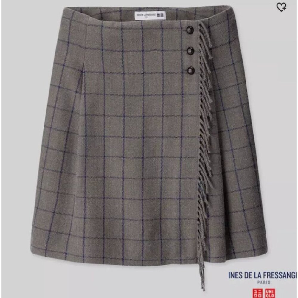 Uniqlo Ines De La Fressange Skirt Plaid Grey Fringe Windowpane Size 2 NWT
